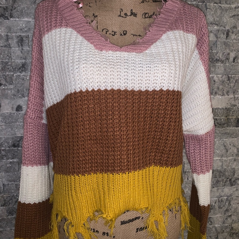 Jolie & Joy Distressed Striped Balloon Sleeve Sweater